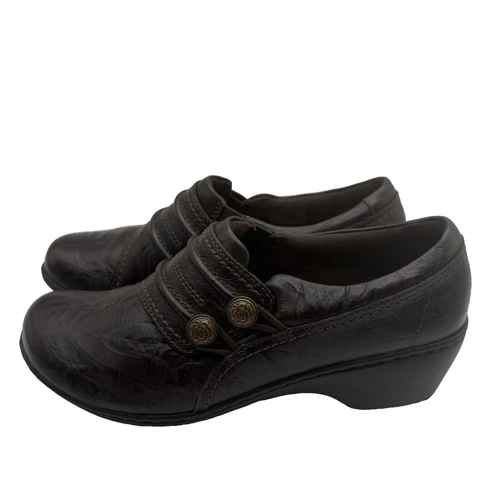 Clarks Mottled Brown Leather Women's Shoes‎ Sz 7 M Rose Button Slip On Comfort